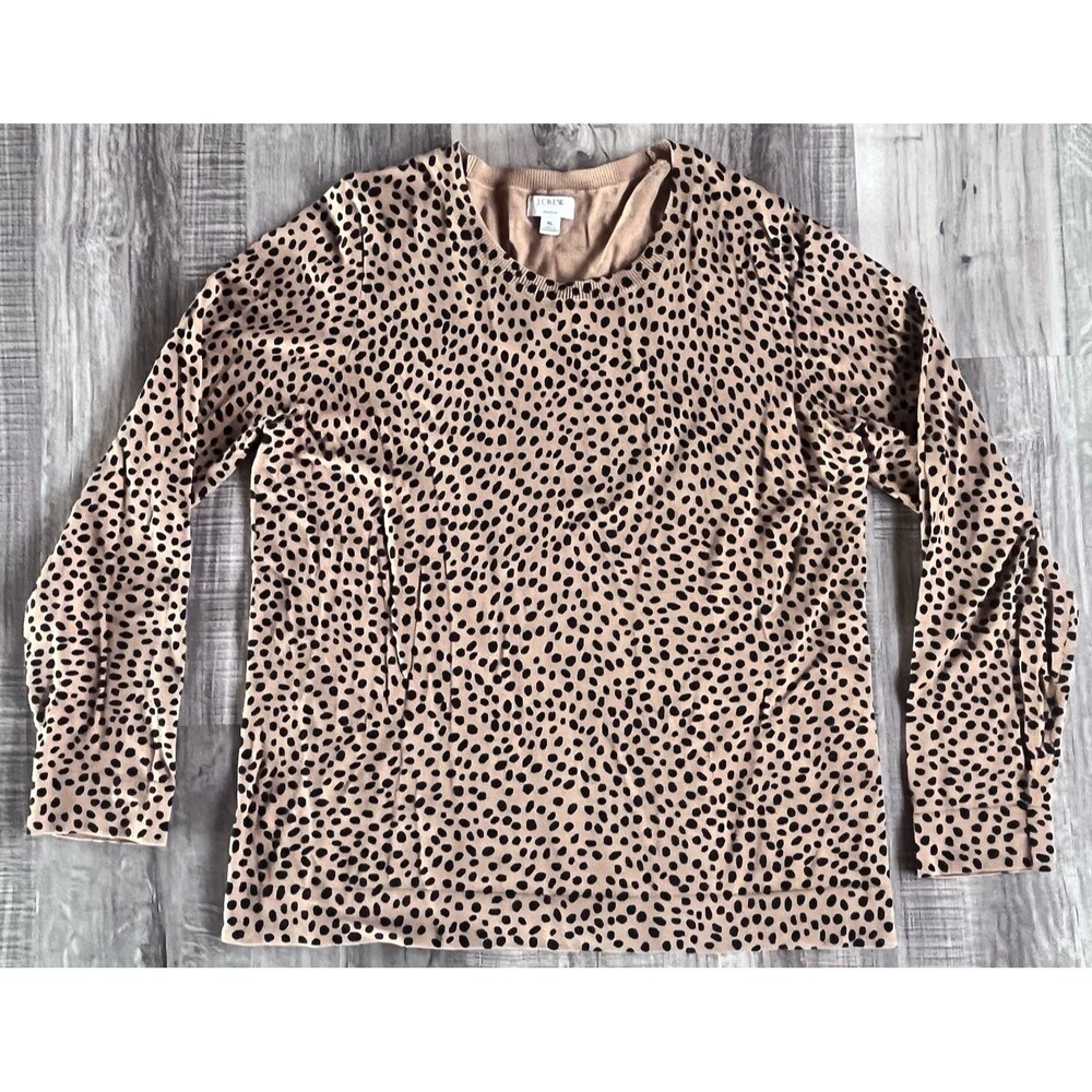 J. Crew Teddie Sweater Womens XL Tan Black Leopard Print 100% Cotton Crewneck